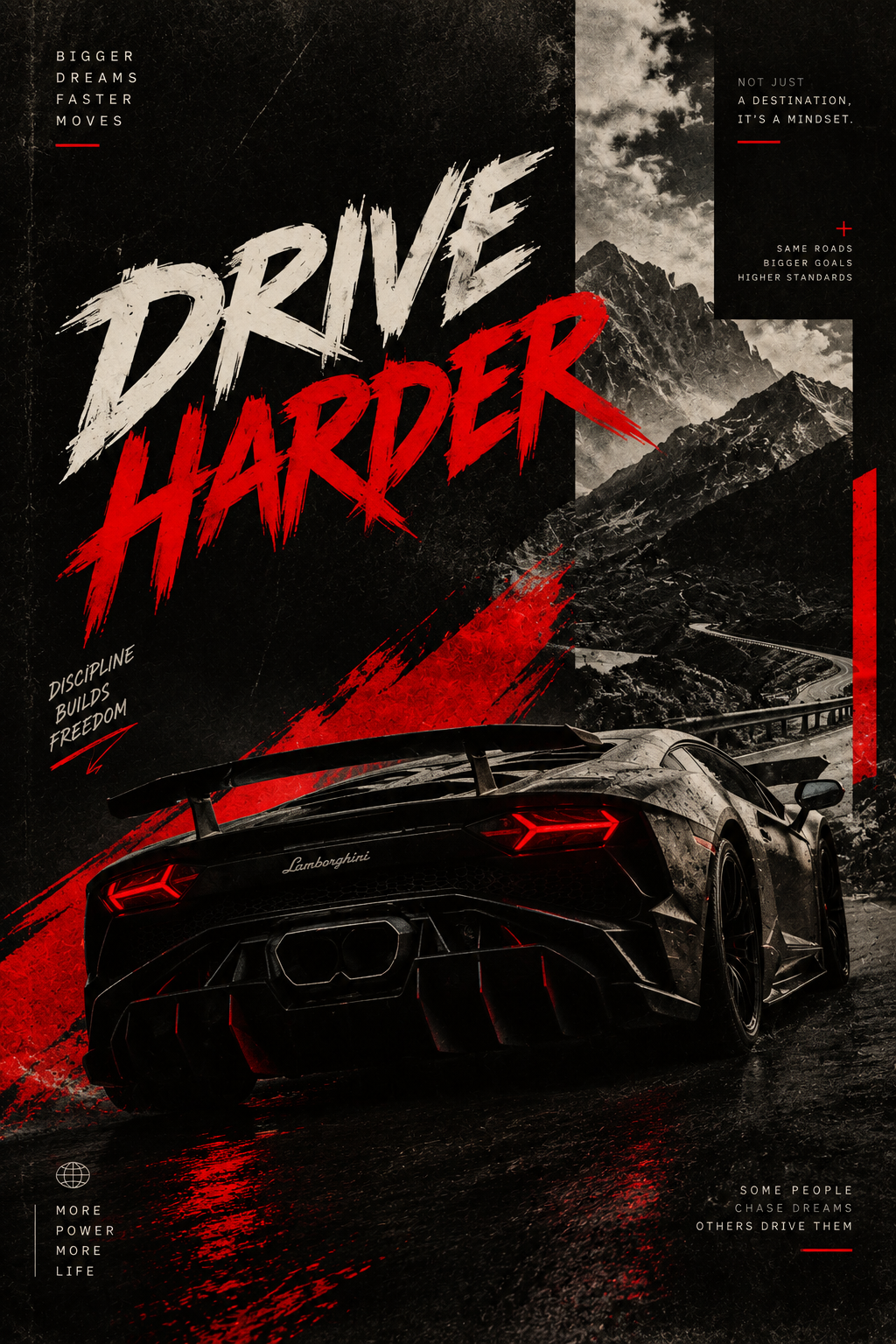 Drive Harder" – Lamborghini Mountain Pass Aesthetic Poster[cite: 13]