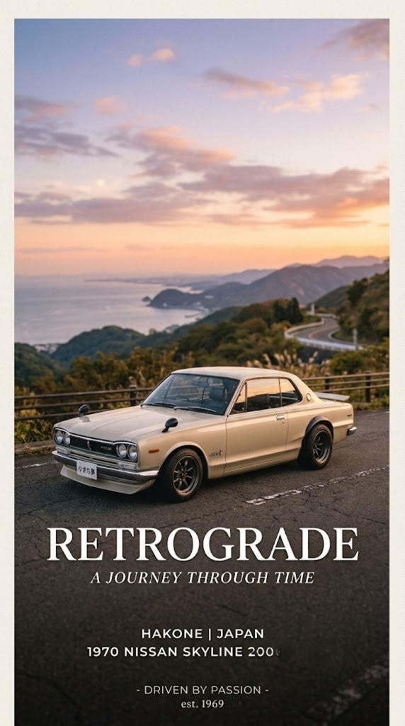 RETROGRADE: A Journey Through Time" – Vintage 1970 Nissan Skyline Poster